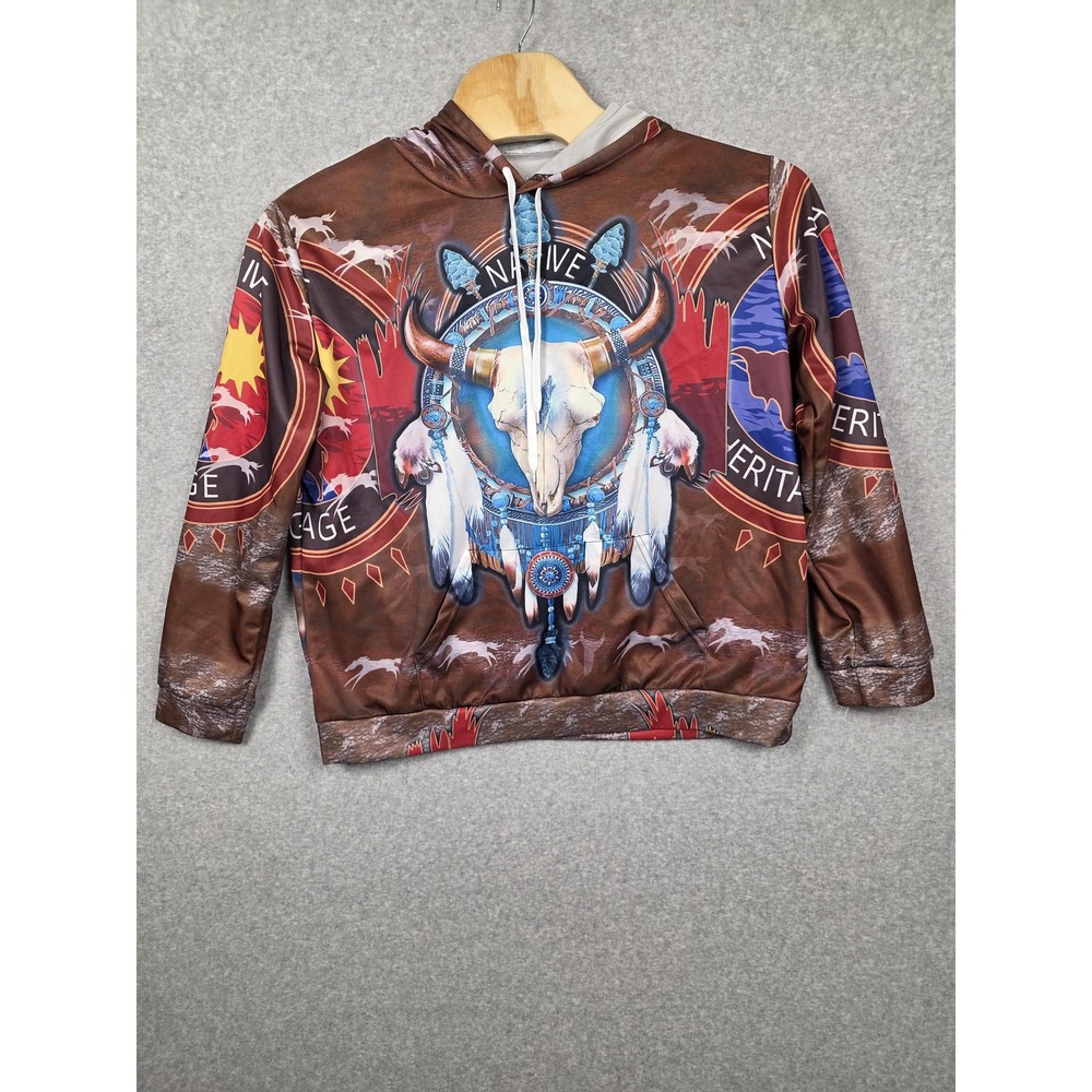 Native Heritage Hoodie Mens Medium Brown Buffalo‎ Skull Graphic Southwestern